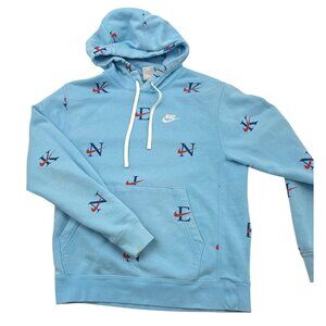 Nike Mens Blue Pullover Hoodie With Multicolor Logos Size S Cotton Blend Drawstr